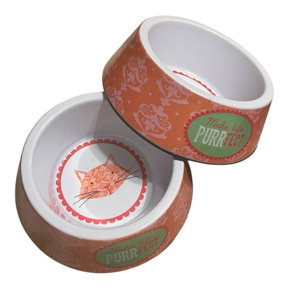 Cat food & water bowls melamine make life purrfect coral pink green 4.5 x 2” set